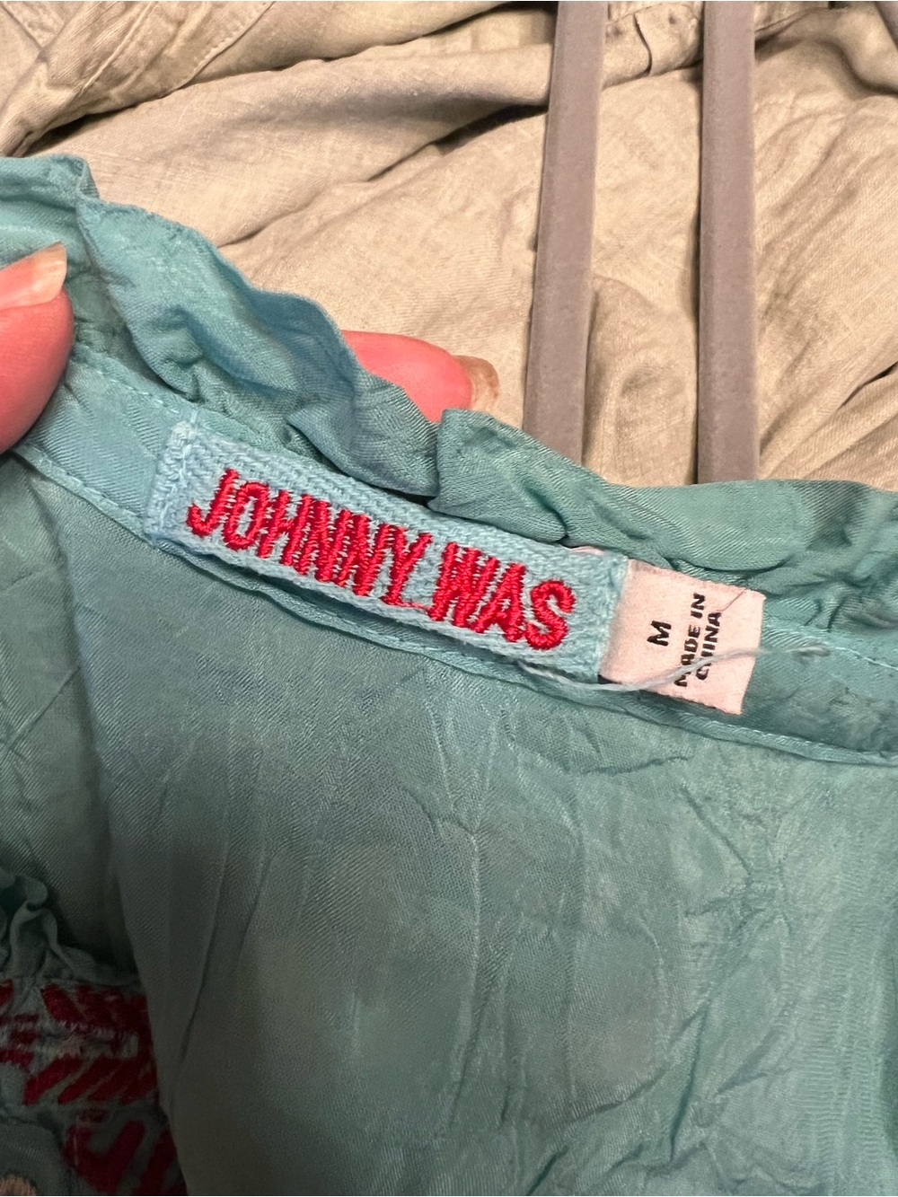 Johnny Was Embroidered silk Turquoise Floral Button-Front Women's Top - Picture 16 of 16